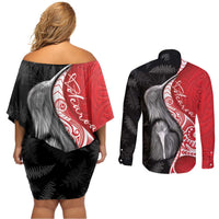 New Zealand Aotearoa Couples Matching Off Shoulder Short Dress and Long Sleeve Button Shirt Kiwi Fern Maori Pattern Red Version LT05 - Polynesian Pride