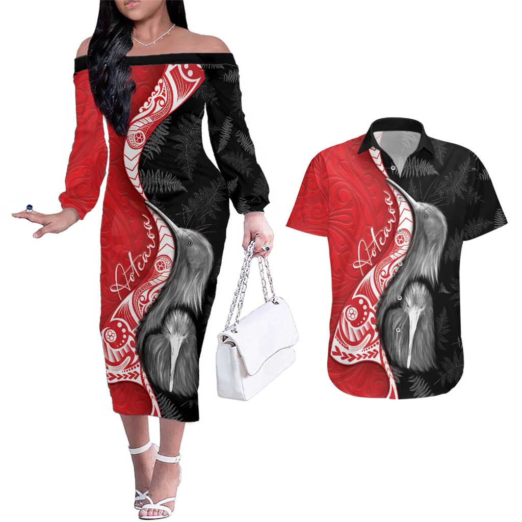 New Zealand Aotearoa Couples Matching Off The Shoulder Long Sleeve Dress and Hawaiian Shirt Kiwi Fern Maori Pattern Red Version
