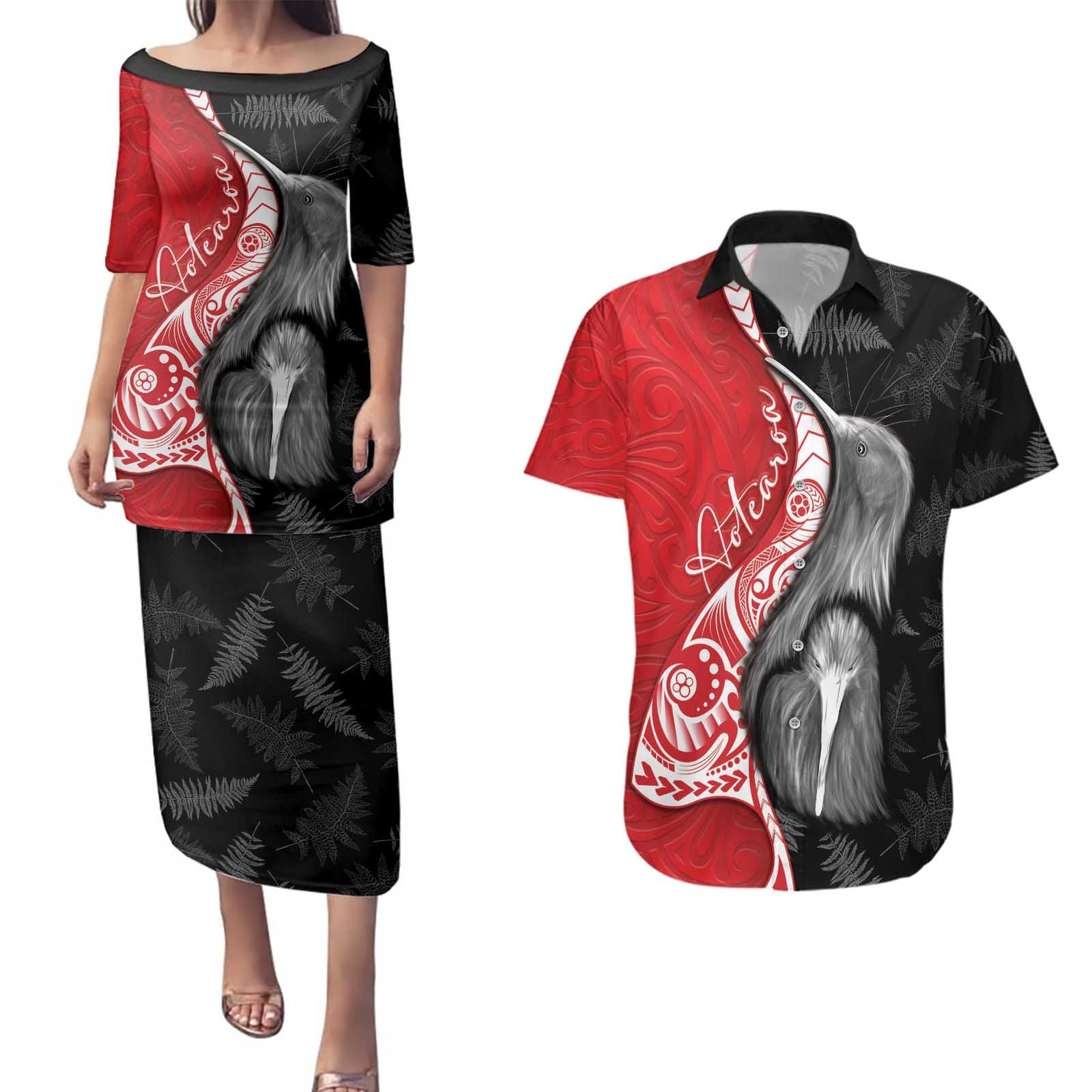 New Zealand Aotearoa Couples Matching Puletasi and Hawaiian Shirt Kiwi Fern Maori Pattern Red Version LT05 Red - Polynesian Pride