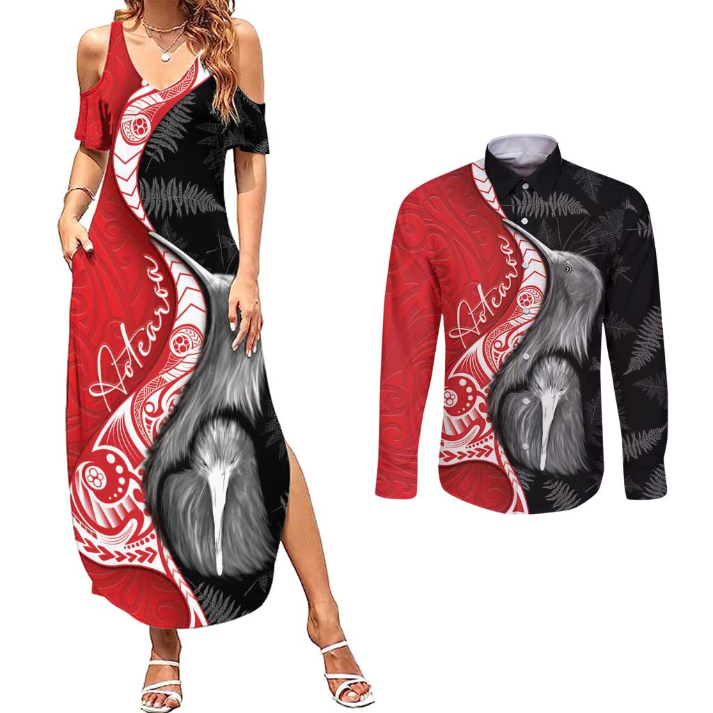 New Zealand Aotearoa Couples Matching Summer Maxi Dress and Long Sleeve Button Shirt Kiwi Fern Maori Pattern Red Version LT05 Red - Polynesian Pride