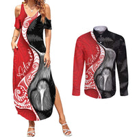 New Zealand Aotearoa Couples Matching Summer Maxi Dress and Long Sleeve Button Shirt Kiwi Fern Maori Pattern Red Version LT05 Red - Polynesian Pride