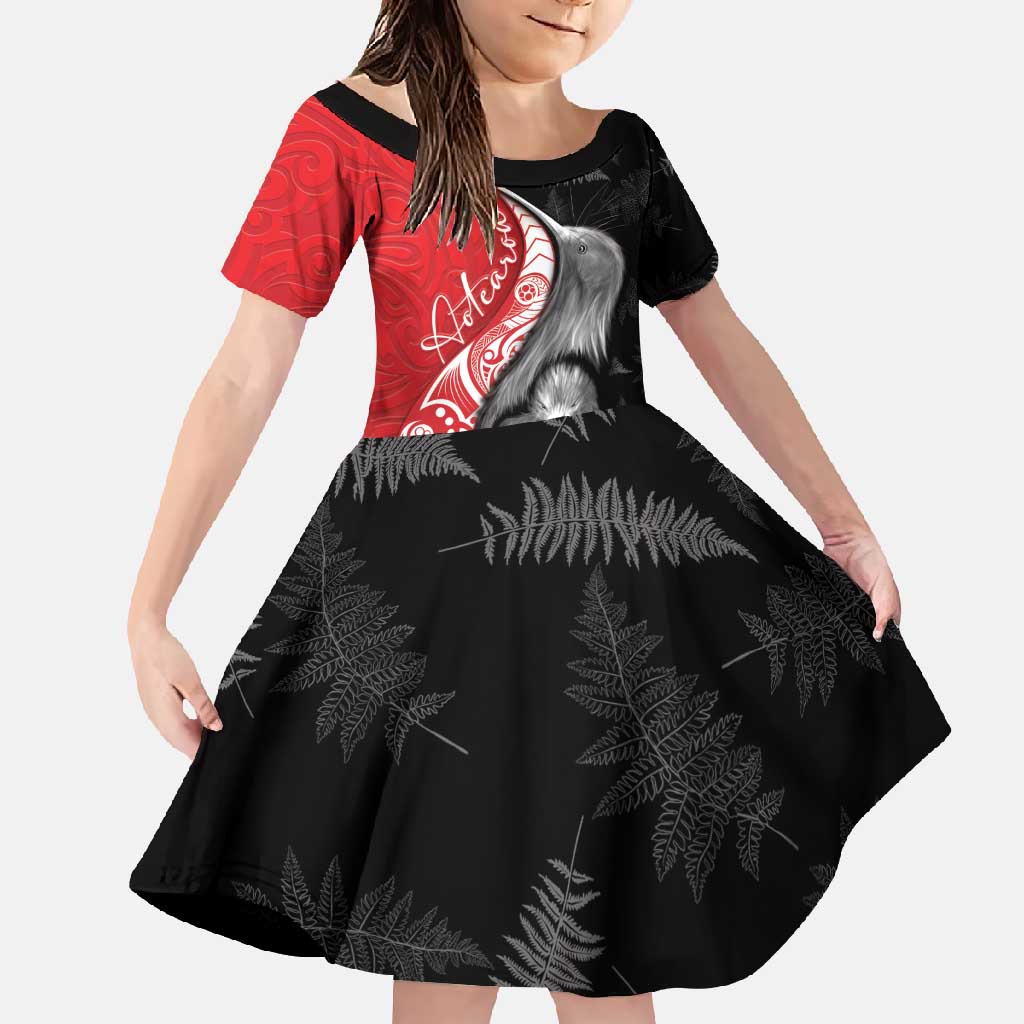 New Zealand Aotearoa Family Matching Long Sleeve Bodycon Dress and Hawaiian Shirt Kiwi Fern Maori Pattern Red Version LT05 Daughter's Dress Red - Polynesian Pride