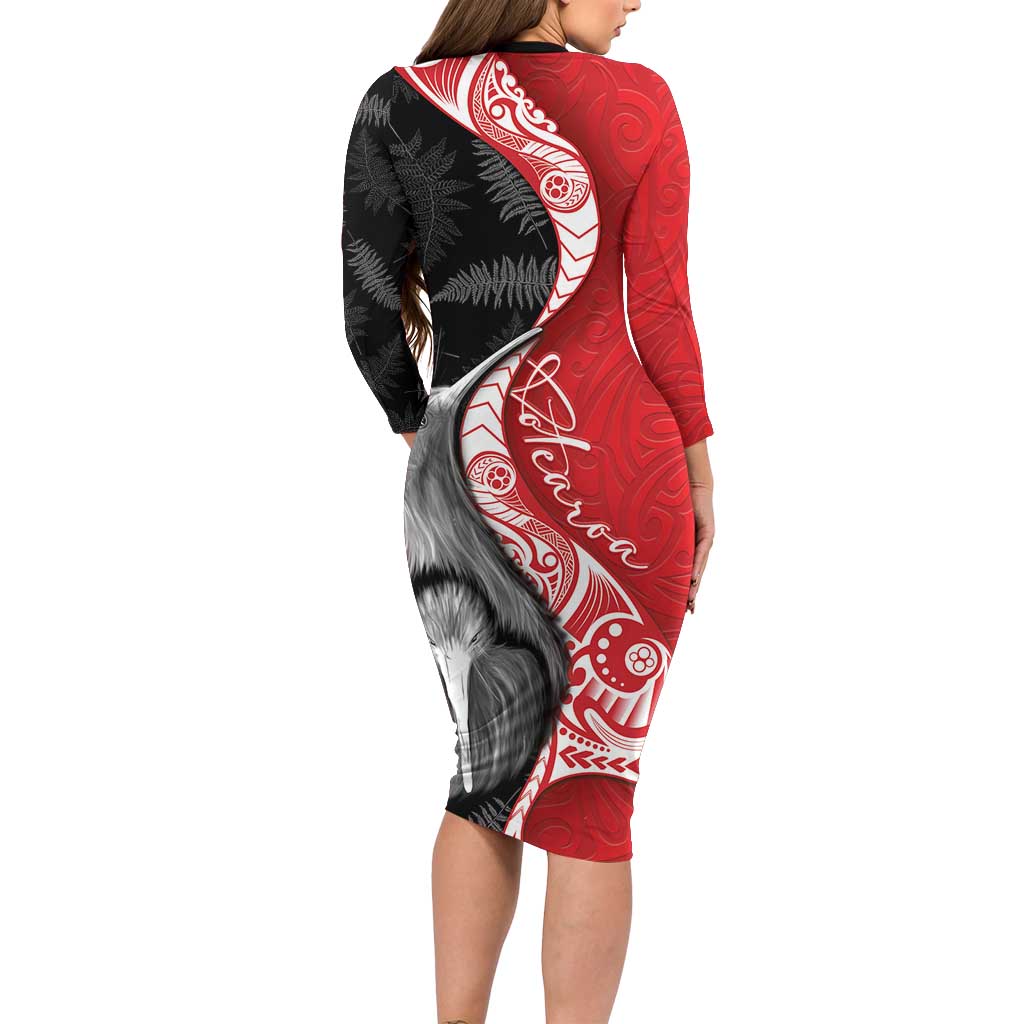 New Zealand Aotearoa Family Matching Long Sleeve Bodycon Dress and Hawaiian Shirt Kiwi Fern Maori Pattern Red Version LT05 - Polynesian Pride