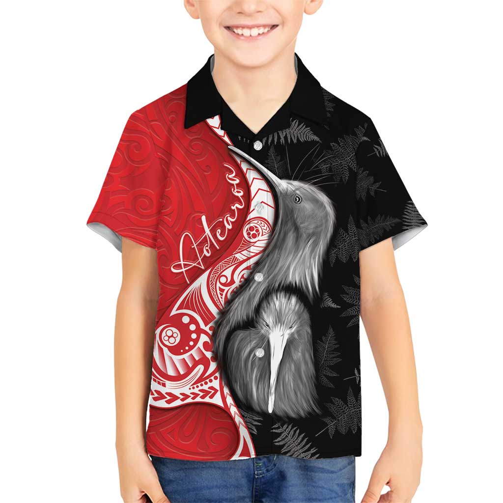 New Zealand Aotearoa Family Matching Long Sleeve Bodycon Dress and Hawaiian Shirt Kiwi Fern Maori Pattern Red Version LT05 Son's Shirt Red - Polynesian Pride
