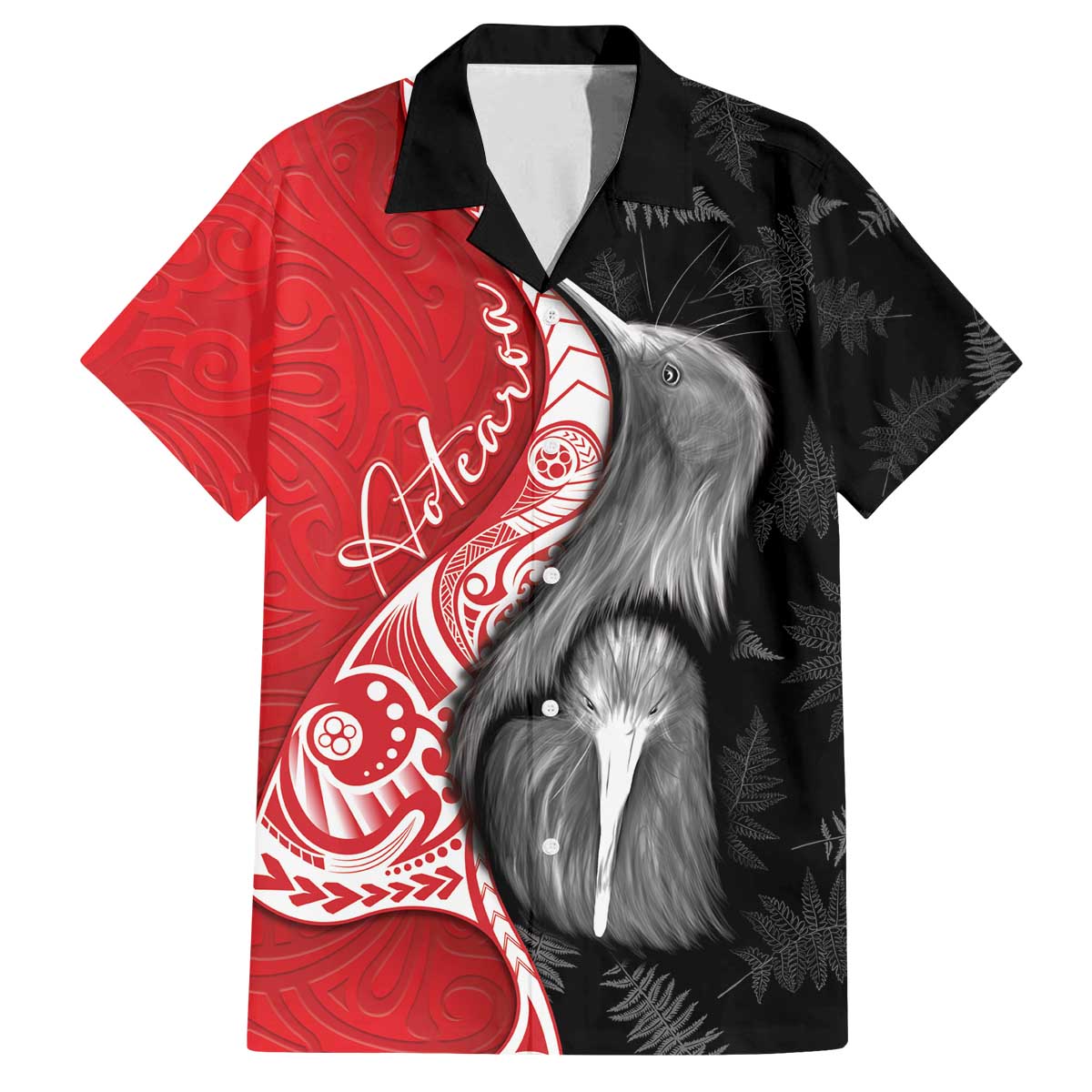 New Zealand Aotearoa Family Matching Off The Shoulder Long Sleeve Dress and Hawaiian Shirt Kiwi Fern Maori Pattern Red Version