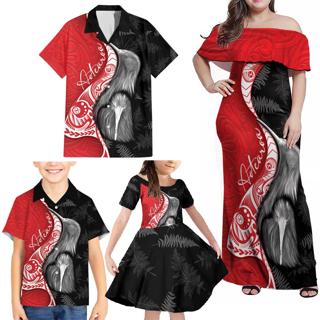 New Zealand Aotearoa Family Matching Off Shoulder Maxi Dress and Hawaiian Shirt Kiwi Fern Maori Pattern Red Version