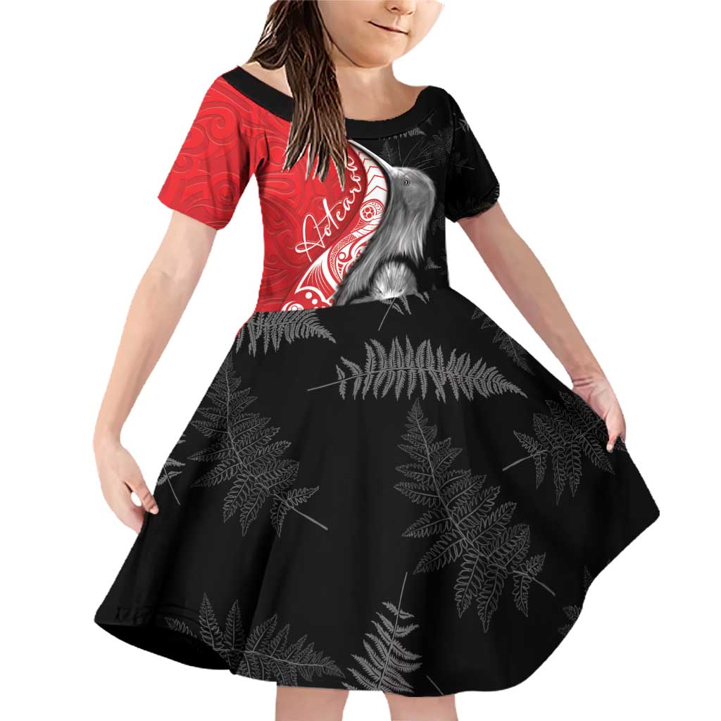 New Zealand Aotearoa Family Matching Off Shoulder Short Dress and Hawaiian Shirt Kiwi Fern Maori Pattern Red Version