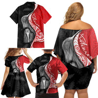 New Zealand Aotearoa Family Matching Off Shoulder Short Dress and Hawaiian Shirt Kiwi Fern Maori Pattern Red Version