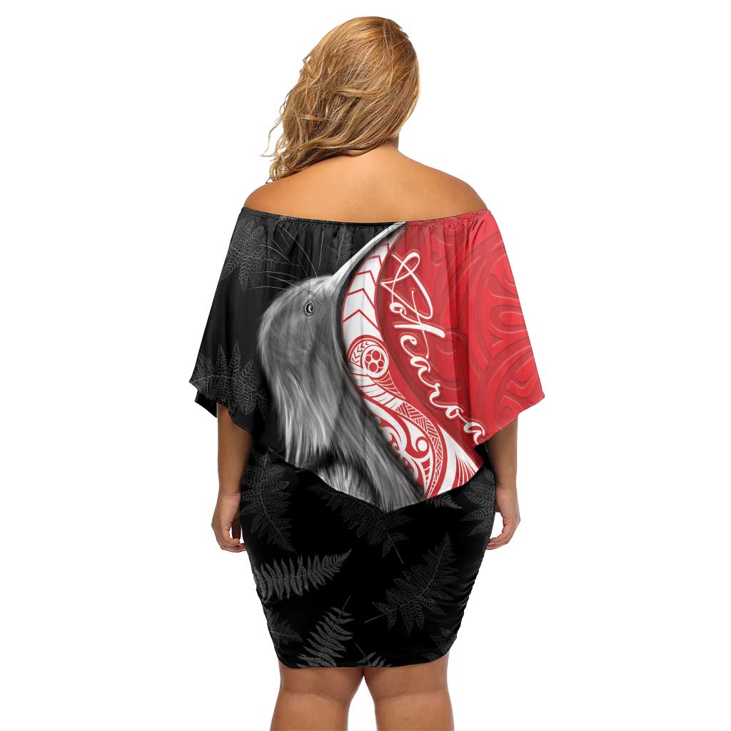 New Zealand Aotearoa Family Matching Off Shoulder Short Dress and Hawaiian Shirt Kiwi Fern Maori Pattern Red Version
