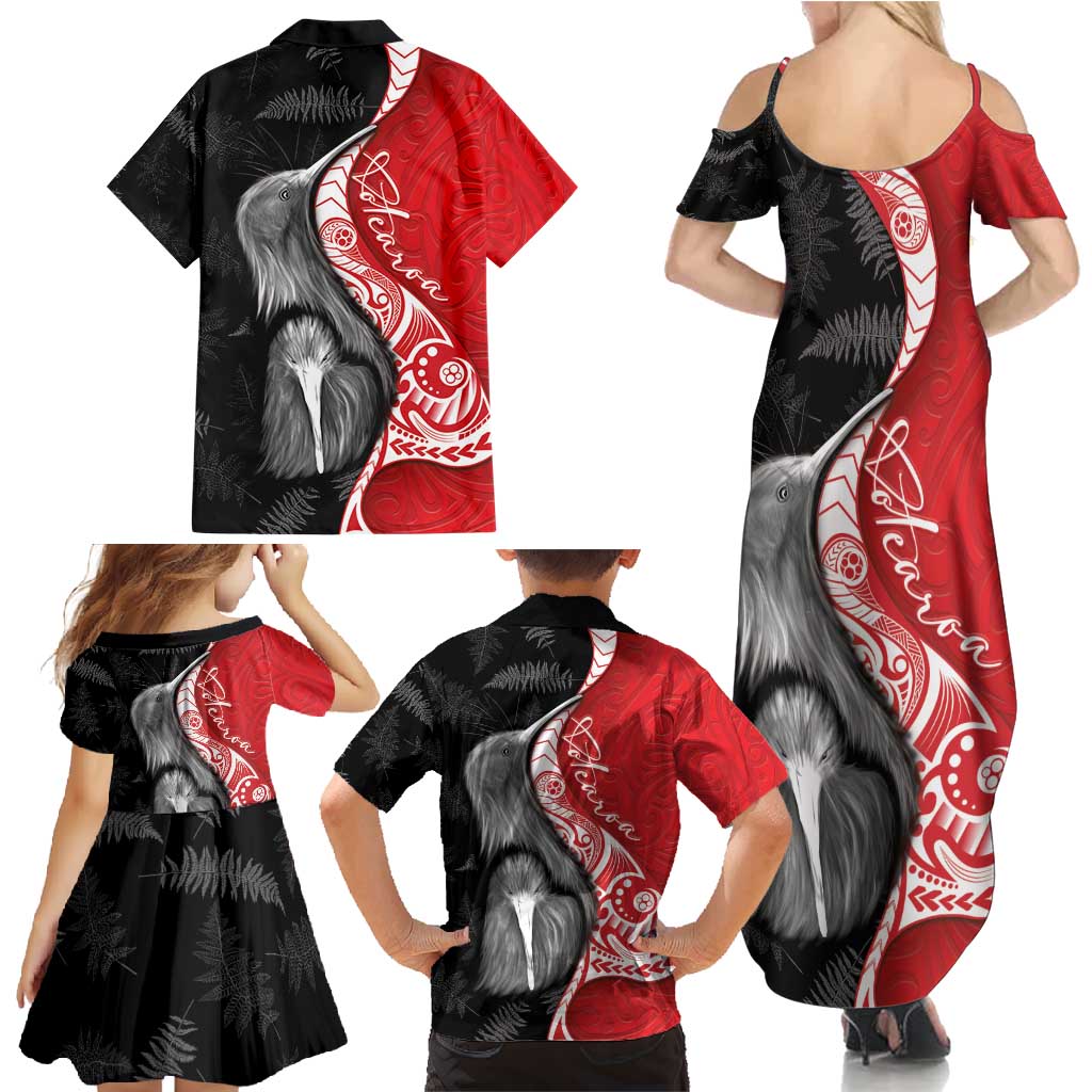 New Zealand Aotearoa Family Matching Summer Maxi Dress and Hawaiian Shirt Kiwi Fern Maori Pattern Red Version LT05 - Polynesian Pride