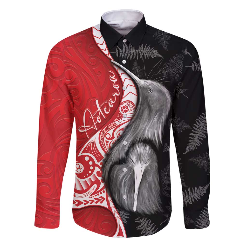 New Zealand Aotearoa Family Matching Tank Maxi Dress and Hawaiian Shirt Kiwi Fern Maori Pattern Red Version LT05 Dad's Shirt - Long Sleeve Red - Polynesian Pride