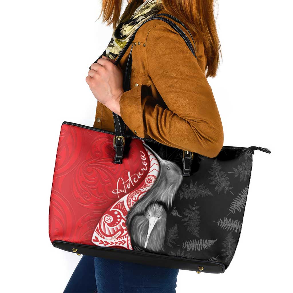 New Zealand Aotearoa Leather Tote Bag Kiwi Fern Maori Pattern Red Version LT05 Red - Polynesian Pride
