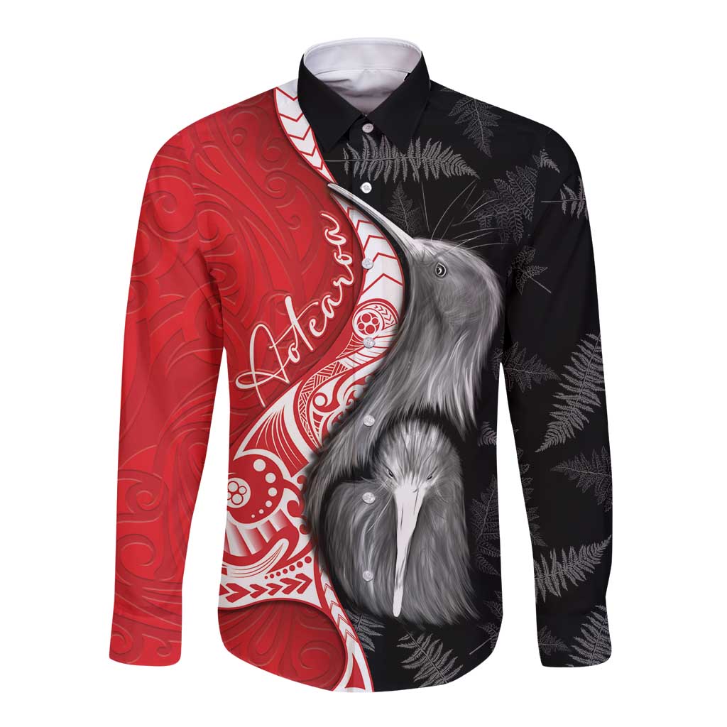 New Zealand Aotearoa Long Sleeve Button Shirt Kiwi Fern Maori Pattern Red Version LT05 Unisex Red - Polynesian Pride