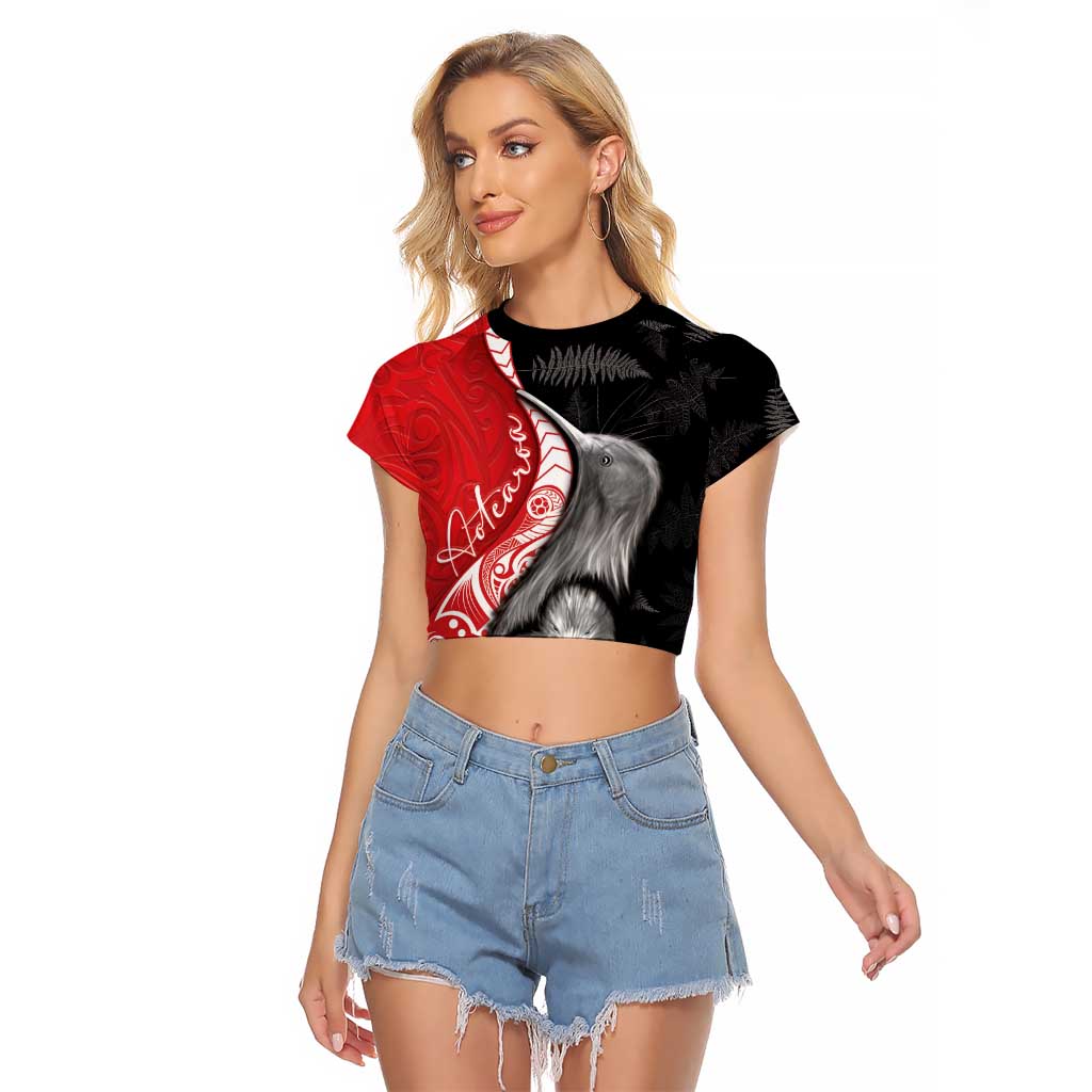 New Zealand Aotearoa Raglan Cropped T Shirt Kiwi Fern Maori Pattern Red Version
