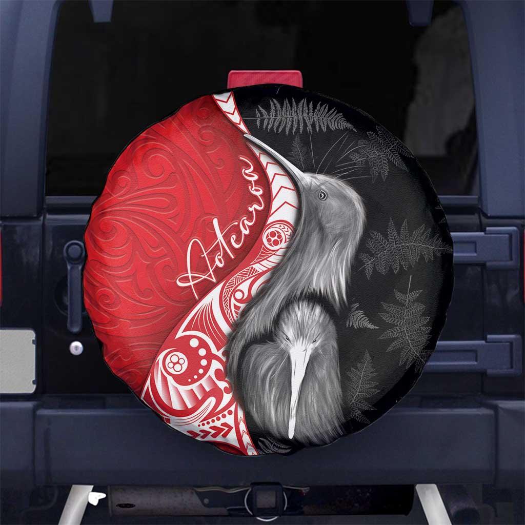 New Zealand Aotearoa Spare Tire Cover Kiwi Fern Maori Pattern Red Version