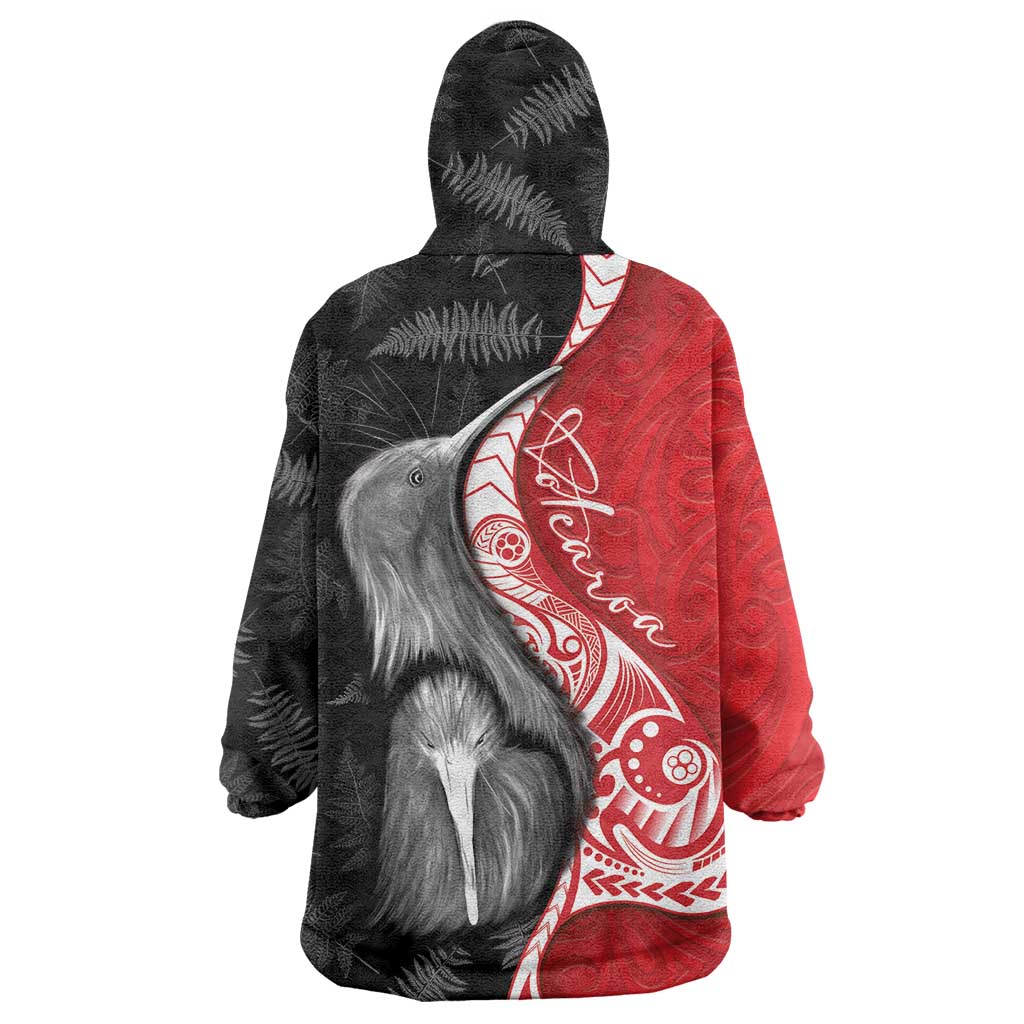 New Zealand Aotearoa Wearable Blanket Hoodie Kiwi Fern Maori Pattern Red Version