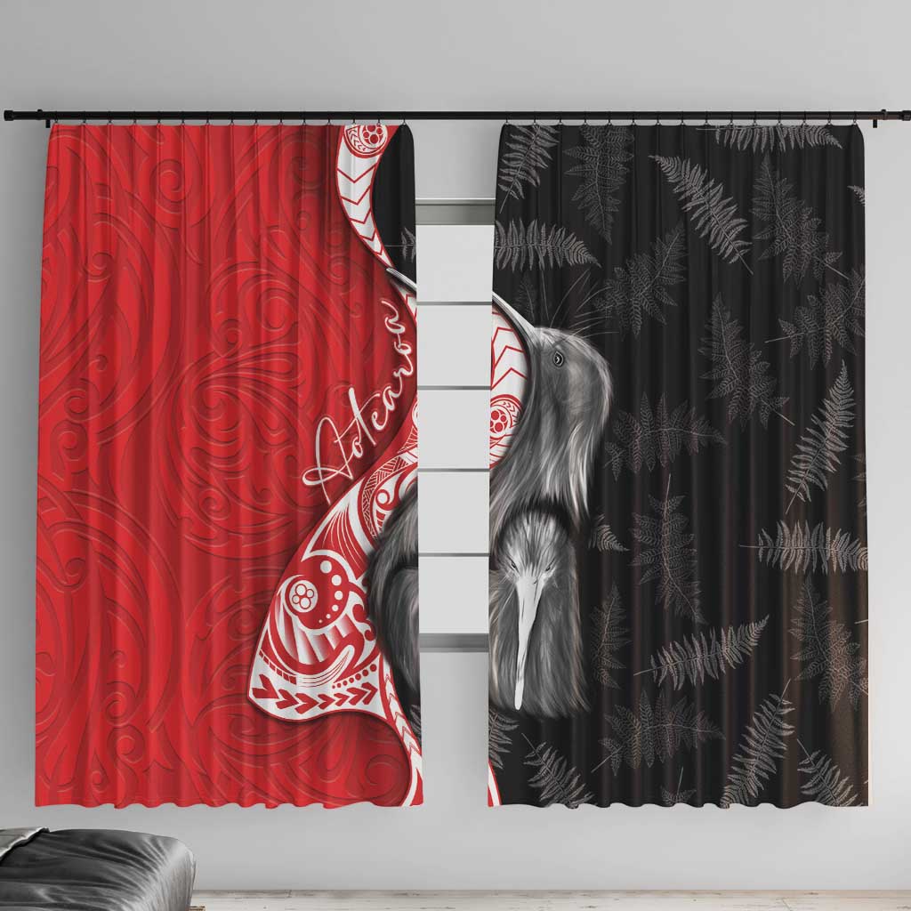 New Zealand Aotearoa Window Curtain Kiwi Fern Maori Pattern Red Version LT05 With Hooks Red - Polynesian Pride