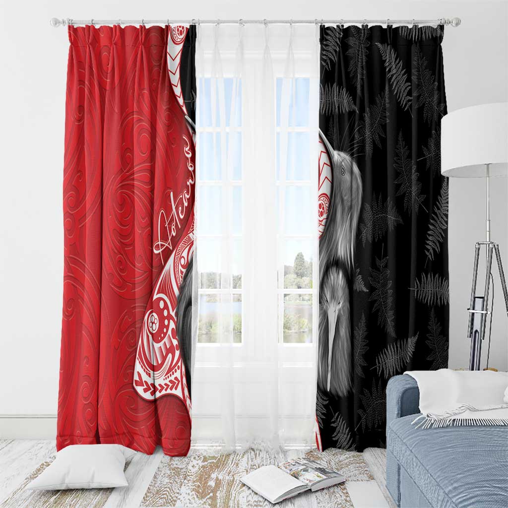 New Zealand Aotearoa Window Curtain Kiwi Fern Maori Pattern Red Version