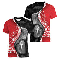 New Zealand Aotearoa Women V-Neck T-Shirt Kiwi Fern Maori Pattern Red Version LT05 - Polynesian Pride