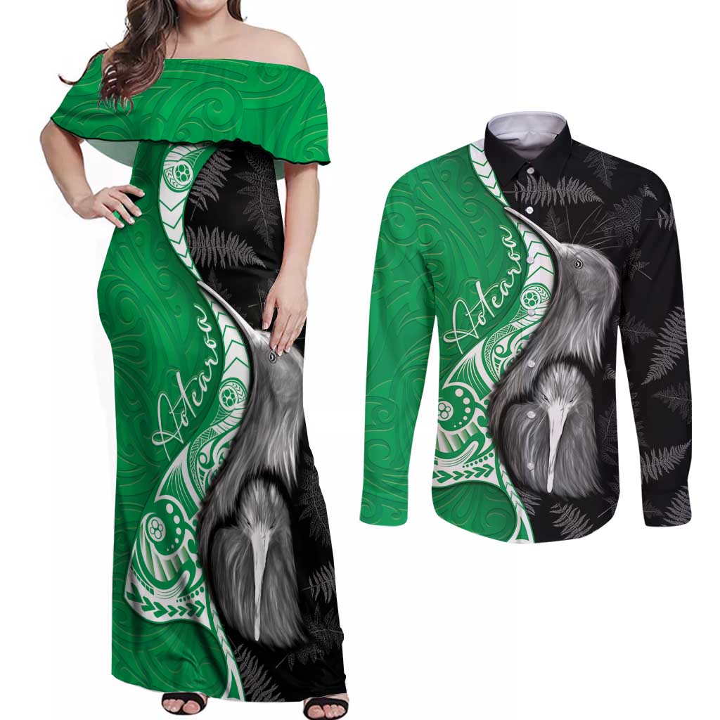 New Zealand Aotearoa Couples Matching Off Shoulder Maxi Dress and Long Sleeve Button Shirt Kiwi Fern Maori Pattern Green Version LT05 Green - Polynesian Pride