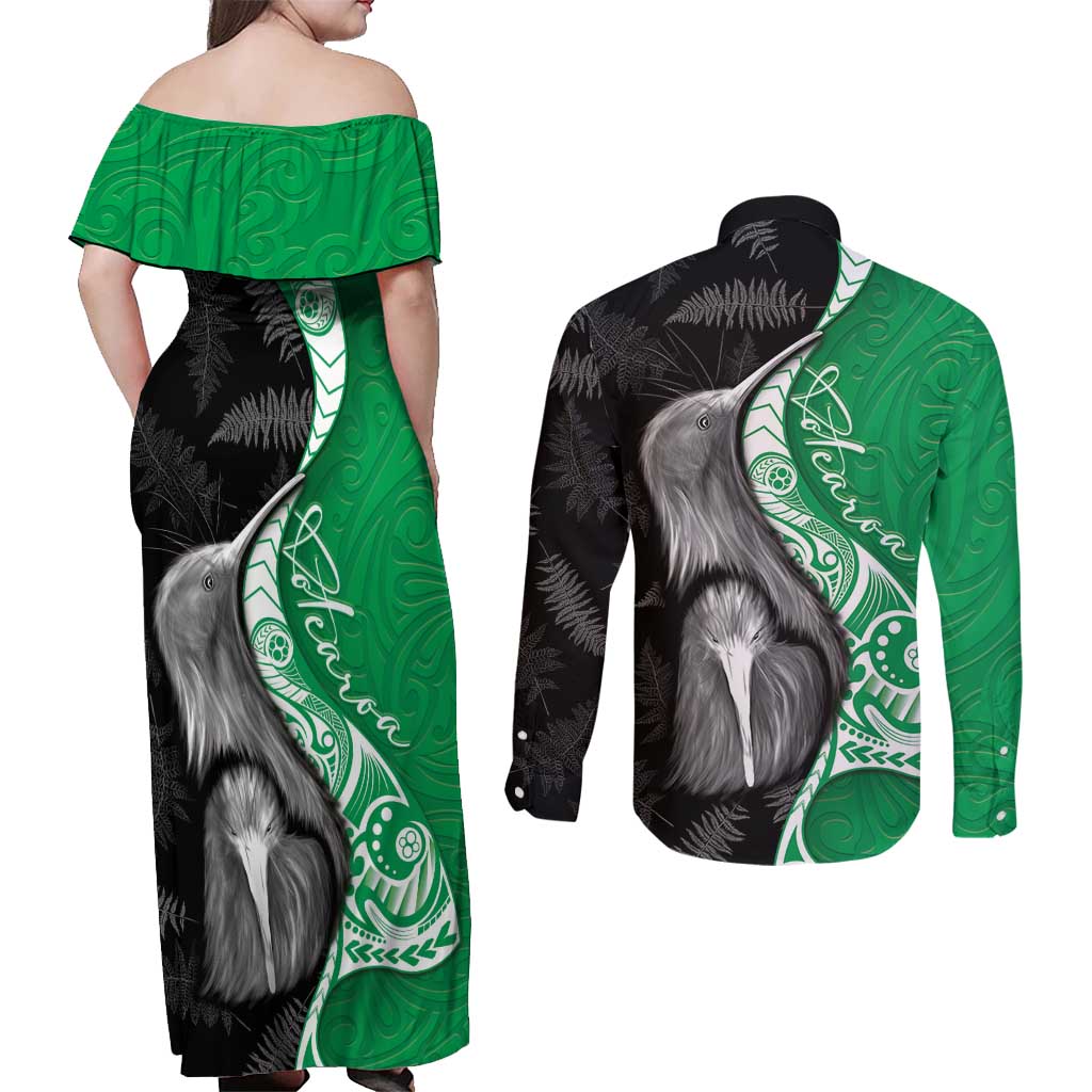 New Zealand Aotearoa Couples Matching Off Shoulder Maxi Dress and Long Sleeve Button Shirt Kiwi Fern Maori Pattern Green Version LT05 - Polynesian Pride
