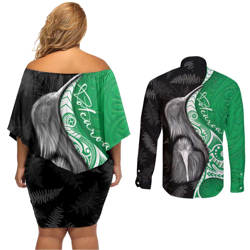 New Zealand Aotearoa Couples Matching Off Shoulder Short Dress and Long Sleeve Button Shirt Kiwi Fern Maori Pattern Green Version LT05 - Polynesian Pride