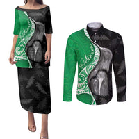 New Zealand Aotearoa Couples Matching Puletasi and Long Sleeve Button Shirt Kiwi Fern Maori Pattern Green Version LT05 Green - Polynesian Pride