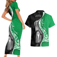 New Zealand Aotearoa Couples Matching Short Sleeve Bodycon Dress and Hawaiian Shirt Kiwi Fern Maori Pattern Green Version LT05 - Polynesian Pride