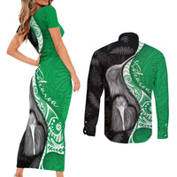New Zealand Aotearoa Couples Matching Short Sleeve Bodycon Dress and Long Sleeve Button Shirt Kiwi Fern Maori Pattern Green Version