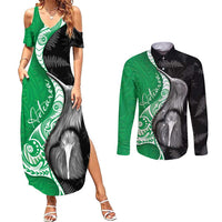 New Zealand Aotearoa Couples Matching Summer Maxi Dress and Long Sleeve Button Shirt Kiwi Fern Maori Pattern Green Version LT05 Green - Polynesian Pride