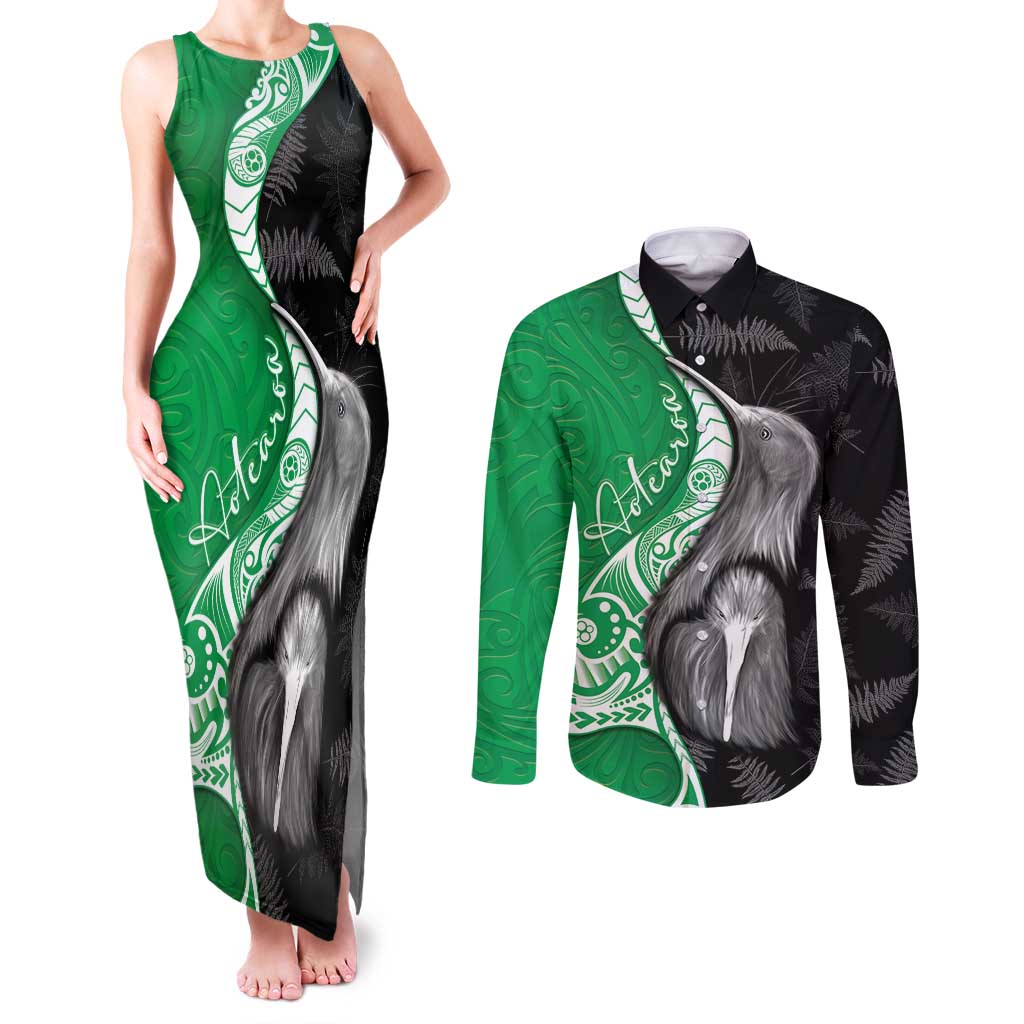 New Zealand Aotearoa Couples Matching Tank Maxi Dress and Long Sleeve Button Shirt Kiwi Fern Maori Pattern Green Version LT05 Green - Polynesian Pride