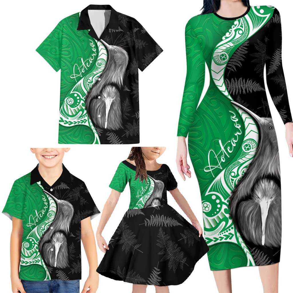New Zealand Aotearoa Family Matching Long Sleeve Bodycon Dress and Hawaiian Shirt Kiwi Fern Maori Pattern Green Version LT05 - Polynesian Pride