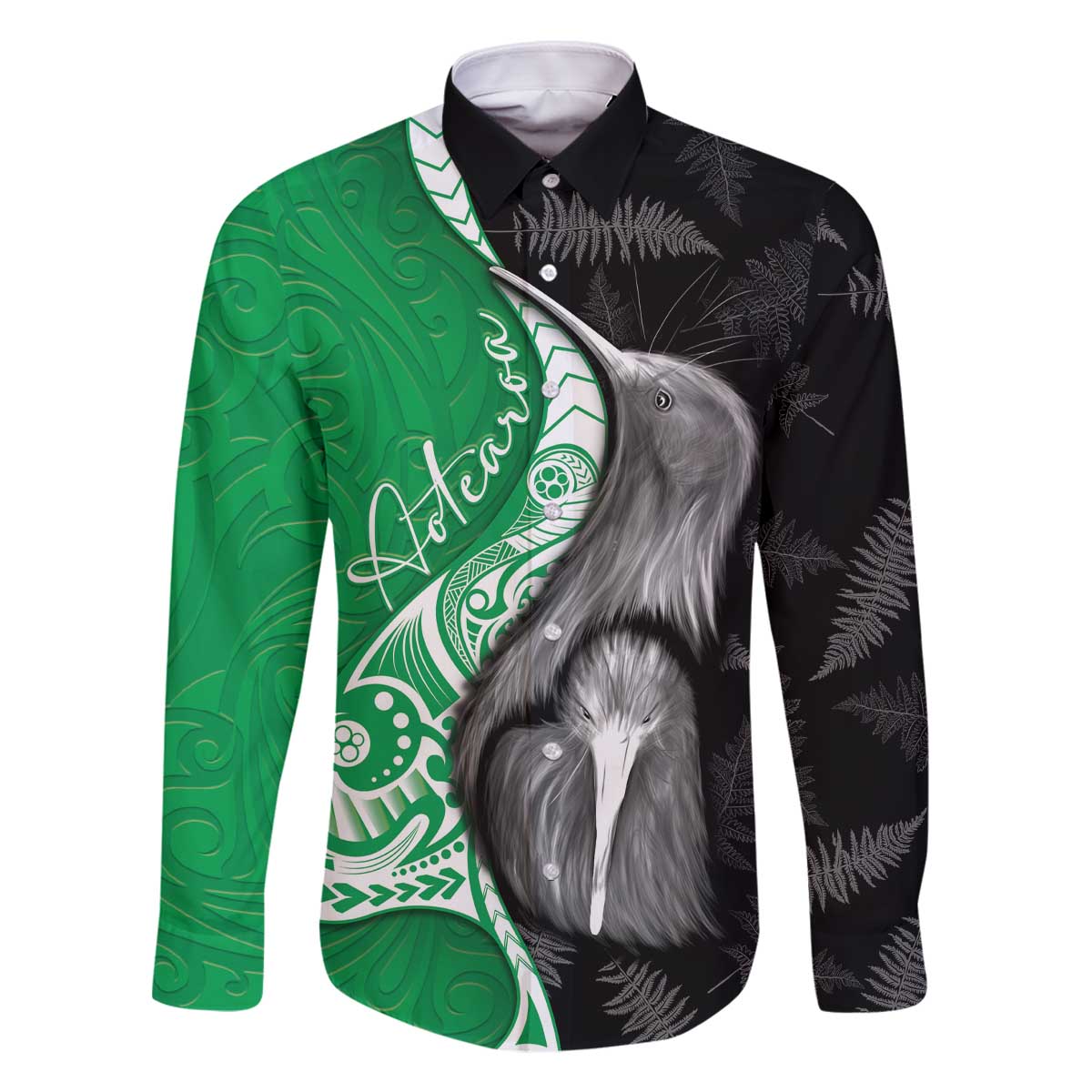 New Zealand Aotearoa Family Matching Off The Shoulder Long Sleeve Dress and Hawaiian Shirt Kiwi Fern Maori Pattern Green Version