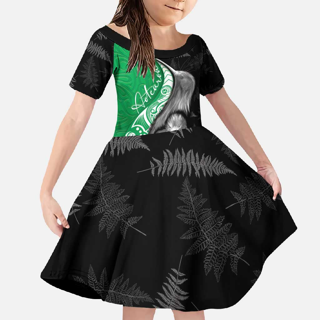 New Zealand Aotearoa Family Matching Off Shoulder Maxi Dress and Hawaiian Shirt Kiwi Fern Maori Pattern Green Version