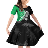 New Zealand Aotearoa Family Matching Off Shoulder Short Dress and Hawaiian Shirt Kiwi Fern Maori Pattern Green Version