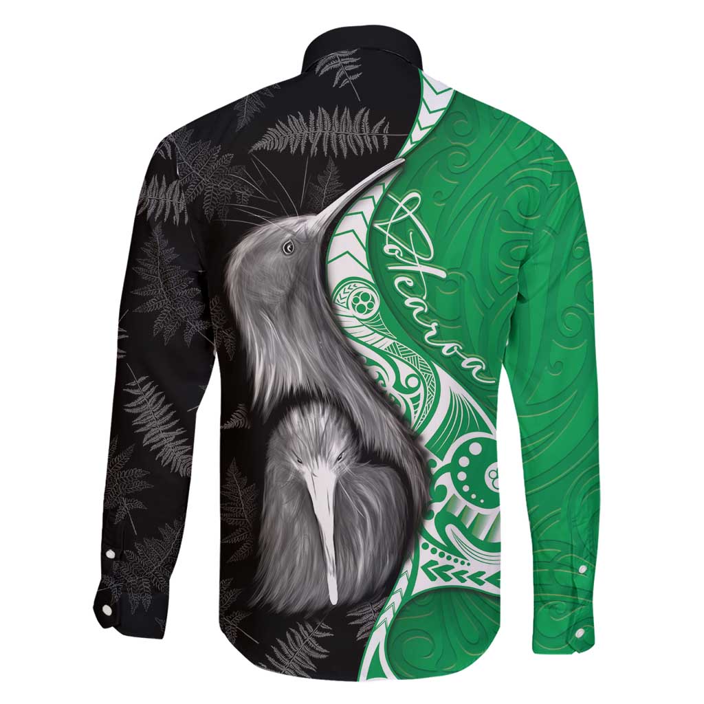 New Zealand Aotearoa Family Matching Off Shoulder Short Dress and Hawaiian Shirt Kiwi Fern Maori Pattern Green Version