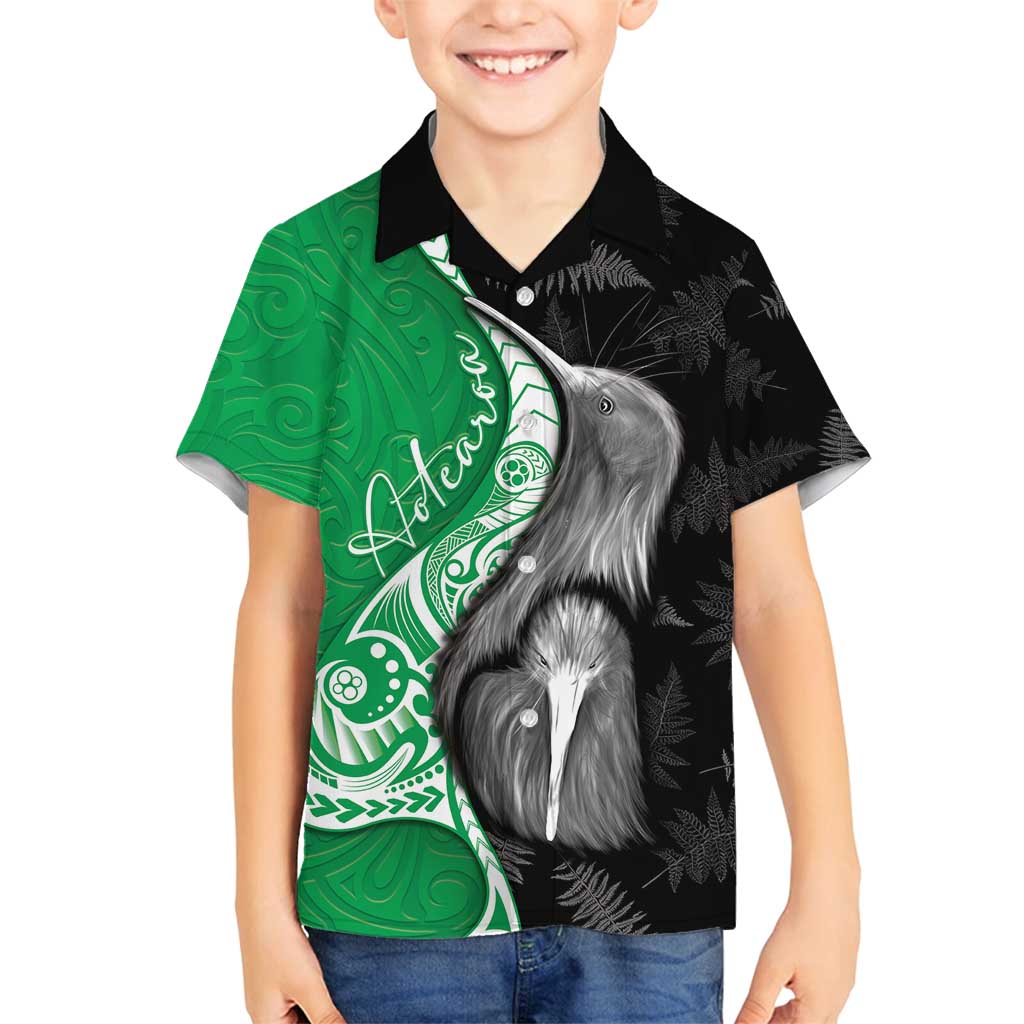 New Zealand Aotearoa Family Matching Off Shoulder Short Dress and Hawaiian Shirt Kiwi Fern Maori Pattern Green Version