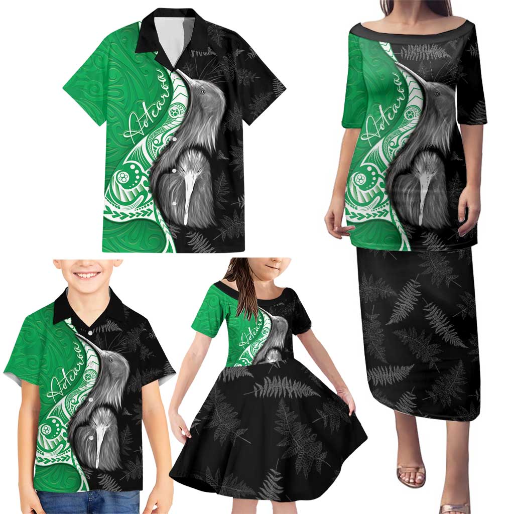 New Zealand Aotearoa Family Matching Puletasi and Hawaiian Shirt Kiwi Fern Maori Pattern Green Version LT05 - Polynesian Pride