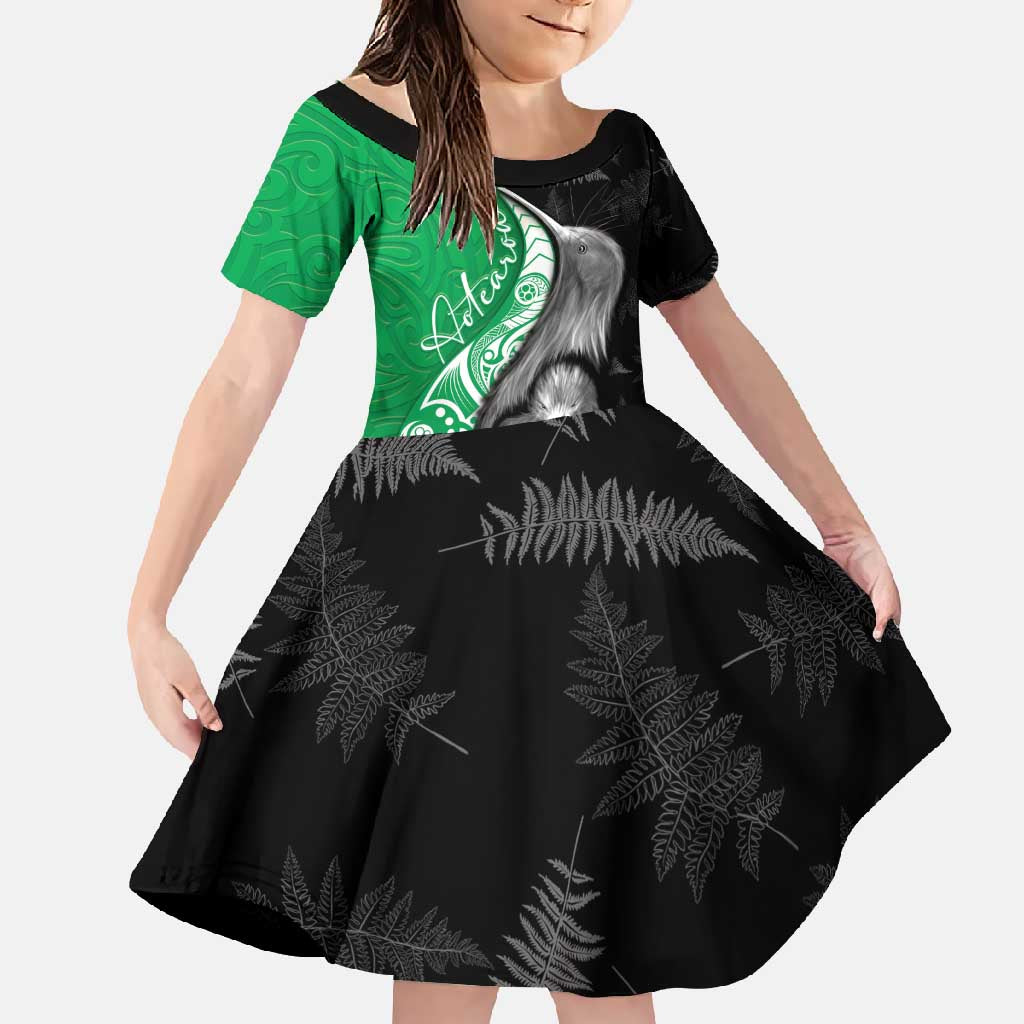 New Zealand Aotearoa Family Matching Short Sleeve Bodycon Dress and Hawaiian Shirt Kiwi Fern Maori Pattern Green Version LT05 Daughter's Dress Green - Polynesian Pride