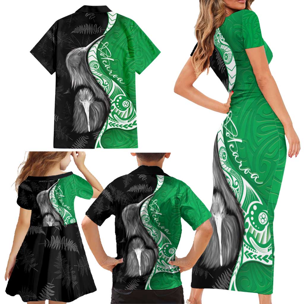 New Zealand Aotearoa Family Matching Short Sleeve Bodycon Dress and Hawaiian Shirt Kiwi Fern Maori Pattern Green Version LT05 - Polynesian Pride