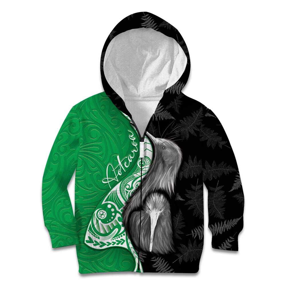 New Zealand Aotearoa Kid Hoodie Kiwi Fern Maori Pattern Green Version