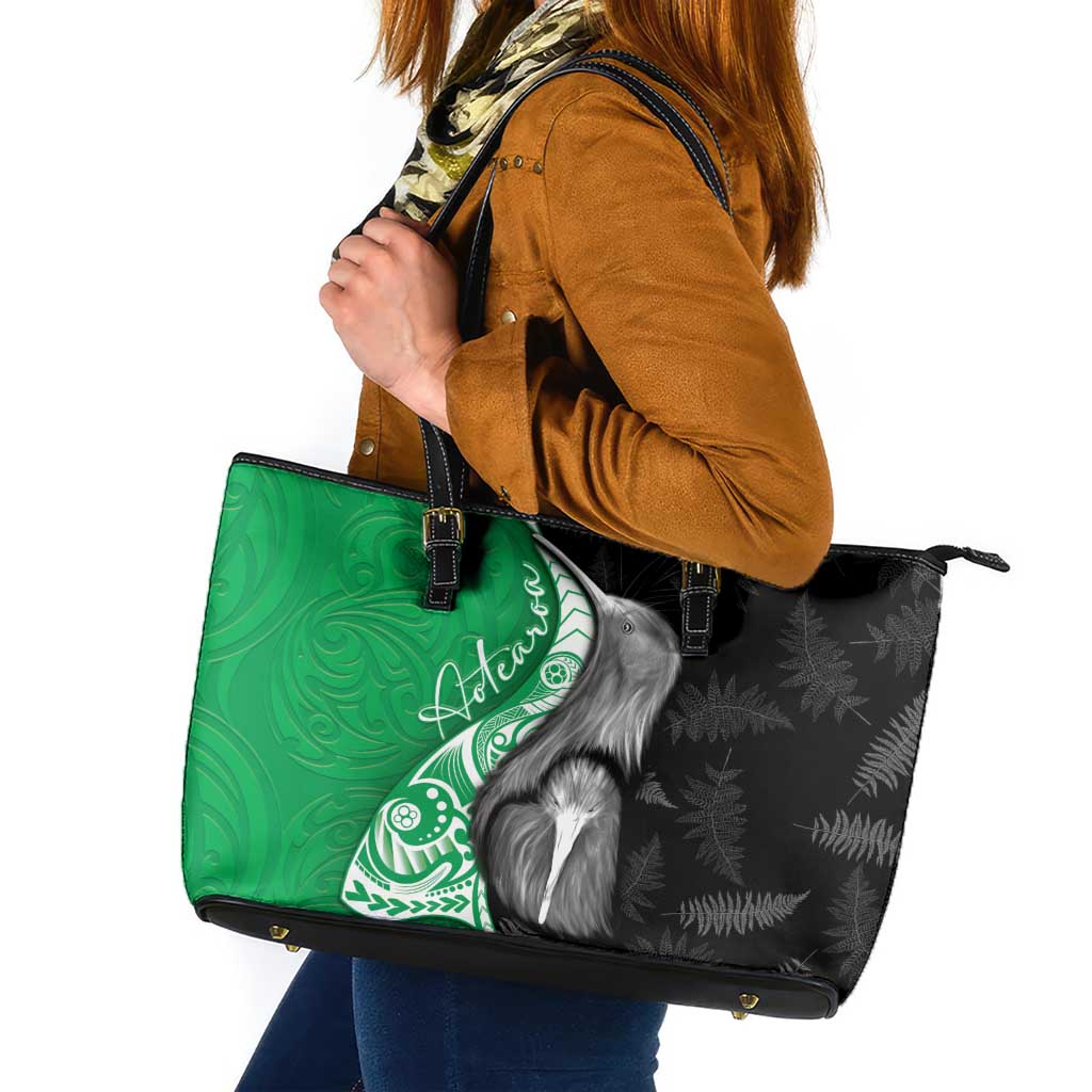 New Zealand Aotearoa Leather Tote Bag Kiwi Fern Maori Pattern Green Version LT05 Green - Polynesian Pride