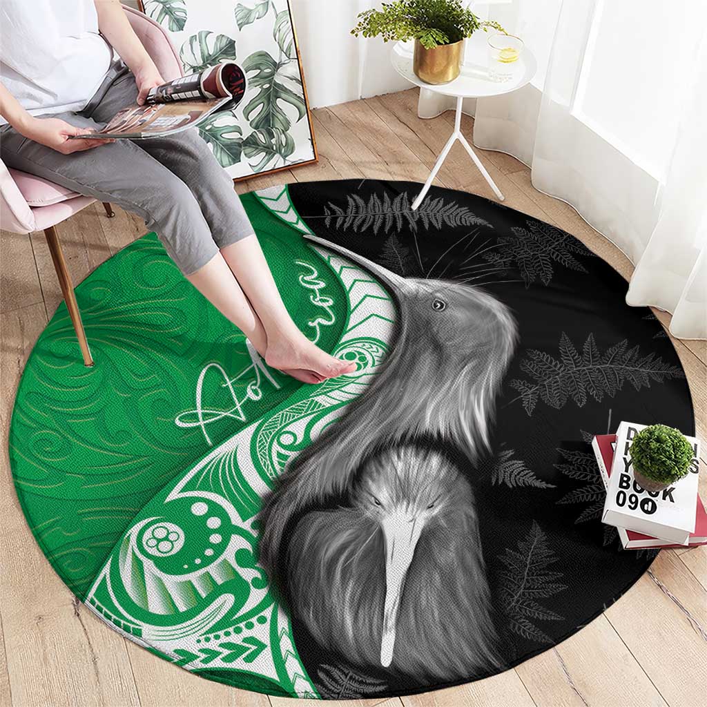 New Zealand Aotearoa Round Carpet Kiwi Fern Maori Pattern Green Version