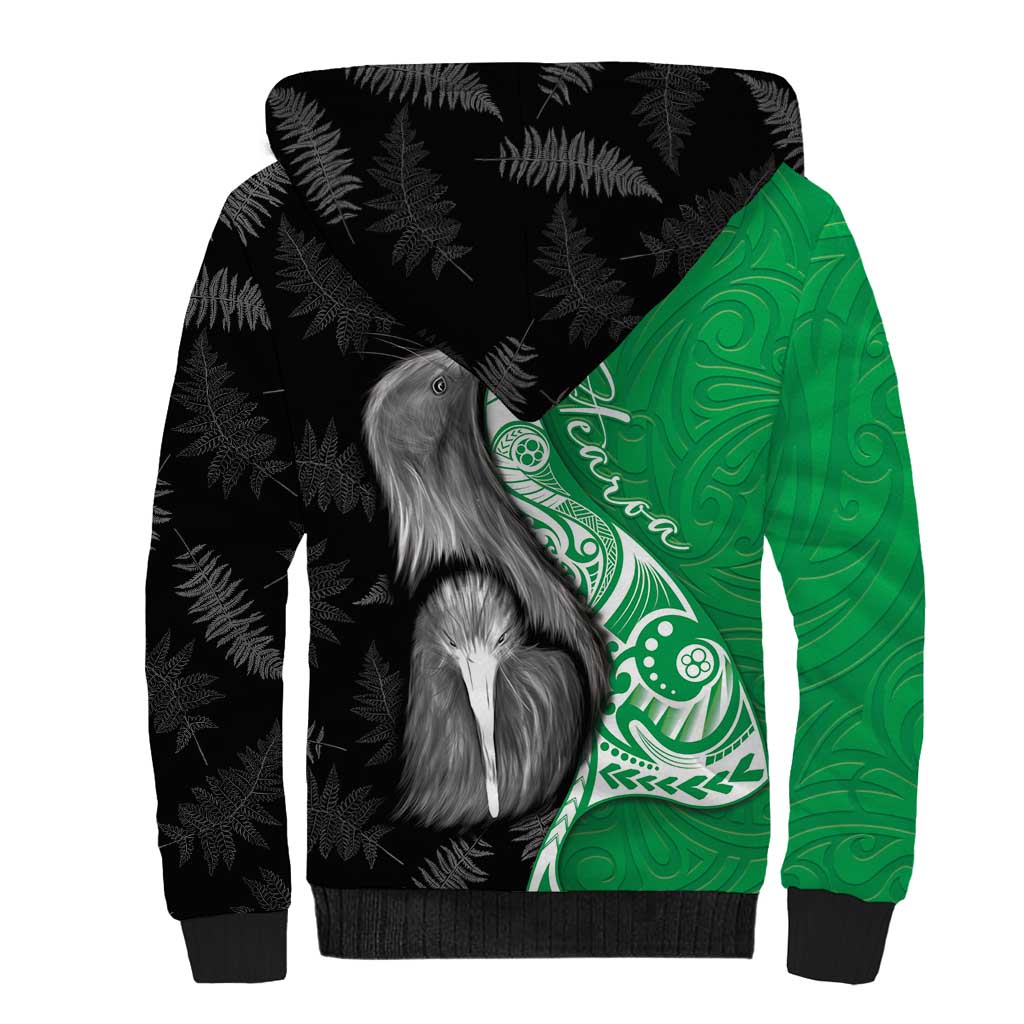 New Zealand Aotearoa Sherpa Hoodie Kiwi Fern Maori Pattern Green Version