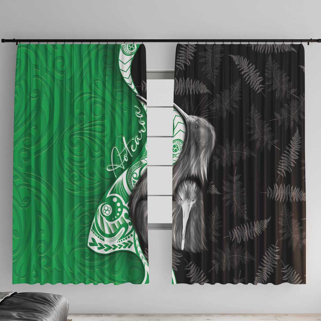 New Zealand Aotearoa Window Curtain Kiwi Fern Maori Pattern Green Version LT05 With Hooks Green - Polynesian Pride
