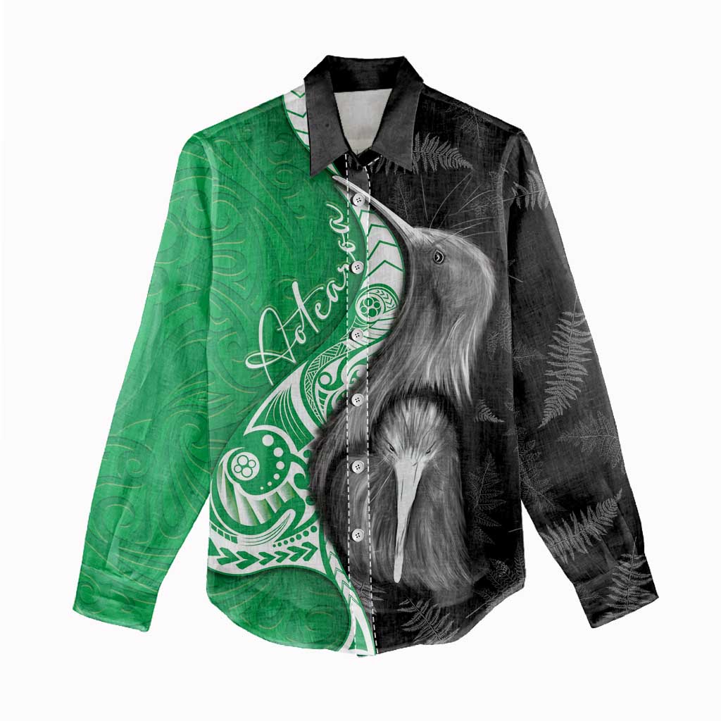 New Zealand Aotearoa Women Casual Shirt Kiwi Fern Maori Pattern Green Version