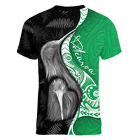 New Zealand Aotearoa Women V-Neck T-Shirt Kiwi Fern Maori Pattern Green Version LT05 - Polynesian Pride
