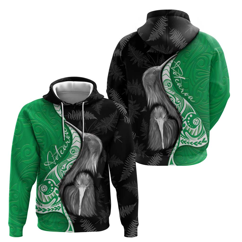 New Zealand Aotearoa Zip Hoodie Kiwi Fern Maori Pattern Green Version