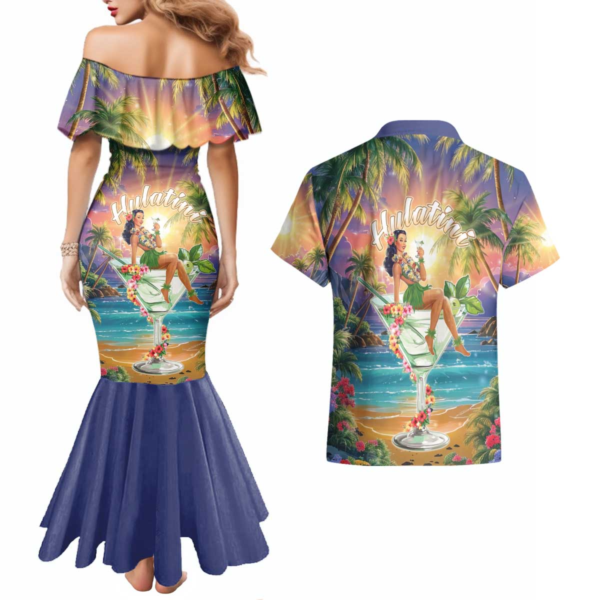 Aloha Hawaii Couples Matching Mermaid Dress and Hawaiian Shirt Hula Martini Tropical Vibes - Polynesian Pride