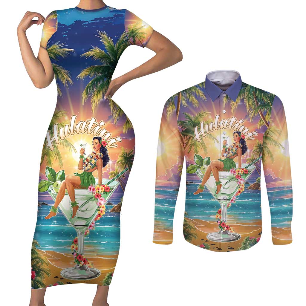 Aloha Hawaii Couples Matching Short Sleeve Bodycon Dress and Long Sleeve Button Shirt Hula Martini Tropical Vibes - Polynesian Pride